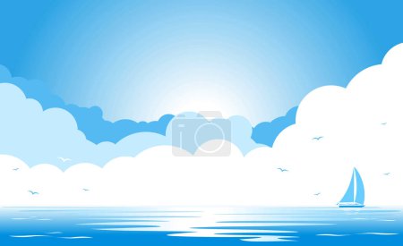 Illustration for Blue sky with clouds and silhouettes of seagulls over blue sea, sailing yacht on horizon. Copy space for you text. Vector template background for advertising flayer or web header - Royalty Free Image