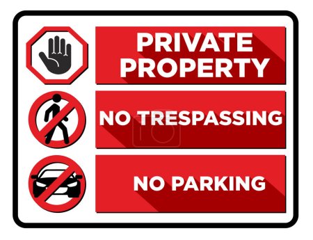 Illustration for Private property. Prohibited sign restricted area. No trespassing and no parking signs in caution zone. Vector - Royalty Free Image