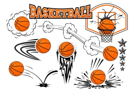 Ilustración de Iconos de pelota de baloncesto voladores ambientados en estilo cómico. Banner de baloncesto, plantilla de póster. Vector sobre fondo transparente - Imagen libre de derechos