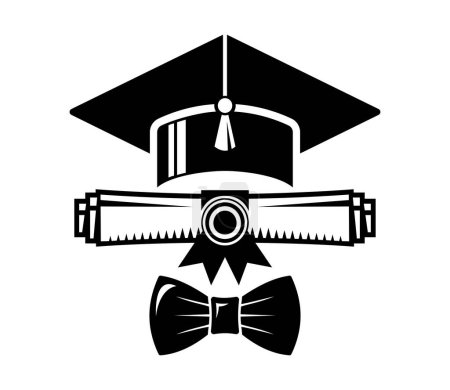 Illustration for Graduation cap, diploma  and bow tie. Black vector web icon on transparent background - Royalty Free Image