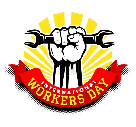 Happy labour day card with red fist with wrench on sunrise. Vector template for poster, greeting card on transpatent background