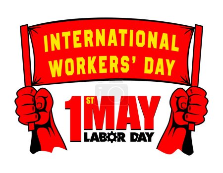 May Day propaganda poster. Hands holding a red banner with congratulations on International Workers Day. Vector template on transparent background