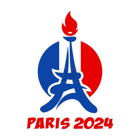 Vorlage Olympische Spiele Paris 2024. Olympiade in Frankreich. Eiffelturm mit olympischer Flamme. Vektor auf transparentem Hintergrund