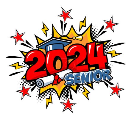 2024 class graduate header. Decorate congratulation for school graduates in comic cartoon style. Vector on transparent background