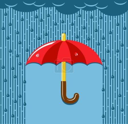 Parapluie rouge avec fond de pluie. Modèle vectoriel pour bannière de vente saisonnière