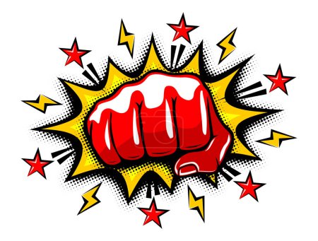Explosive blow fist, strong punch drawn in comic style. Fist punching, hit strong fist. Vector on transparent background