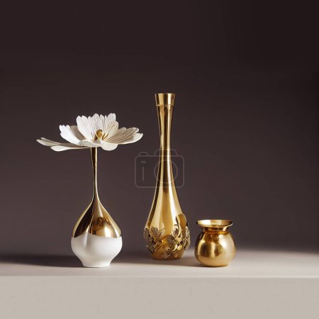 Téléchargez les photos : Vases dorés / laiton et fleur sur fond gris uni. Intérieur minimaliste de style scandinave. - en image libre de droit