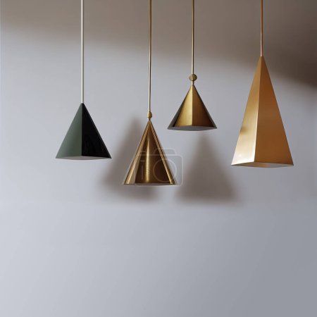 Téléchargez les photos : Lampes suspendues dorées / en laiton sur fond gris uni. Intérieur minimaliste de style scandinave. - en image libre de droit