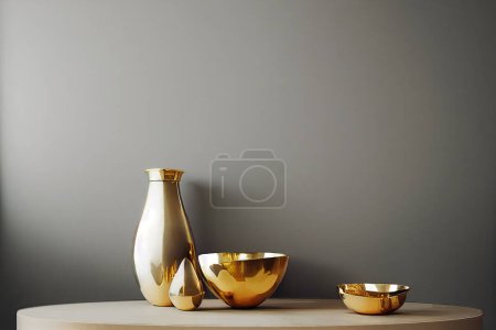 Téléchargez les photos : Vase doré / laiton, bol, figurine sur fond gris uni. Intérieur minimaliste de style scandinave. - en image libre de droit