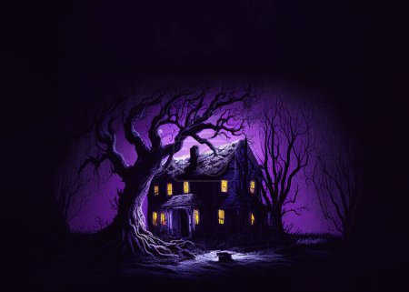 Téléchargez les photos : Vieille maison hantée la nuit, entourée d'arbres sombres, avec espace pour le texte. - en image libre de droit