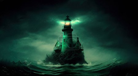 Téléchargez les photos : Vieux phare hanté dans la mer orageuse la nuit, sur une petite île. - en image libre de droit