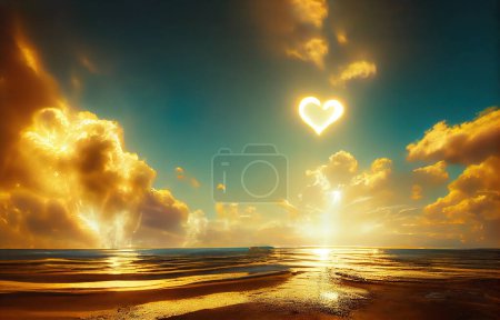 Téléchargez les photos : Coeur brillant, lumière dorée et nuages dans le ciel au-dessus de la plage de sable. - en image libre de droit