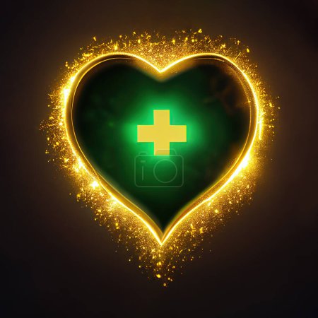 Téléchargez les photos : Symbole de premiers soins à l'intérieur d'un cœur vert brillant, sur fond sombre. - en image libre de droit
