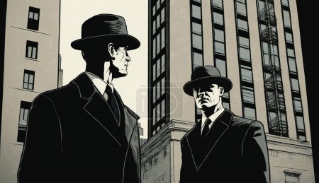Téléchargez les photos : Deux hommes portant des chapeaux noirs espionnent dans la grande ville. Agents secrets, conspiration. - en image libre de droit