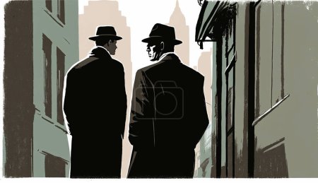 Téléchargez les photos : Deux hommes mystérieux en noir marchant et espionnant dans la ville. Enquête secrète, conspiration. - en image libre de droit