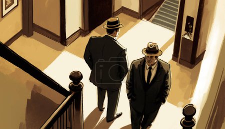 Téléchargez les photos : Deux hommes mystérieux en noir en mission, espionnant à l'hôtel. Agents secrets, détectives privés. - en image libre de droit