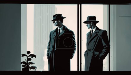 Téléchargez les photos : Deux hommes en noir attendent et espionnent près d'une fenêtre de la ville. Agents secrets, détectives privés, conspiration. - en image libre de droit