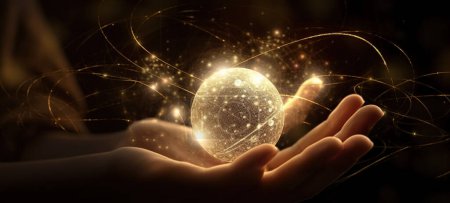 Téléchargez les photos : Main tenant une boule lumineuse magique avec des étincelles autour. - en image libre de droit