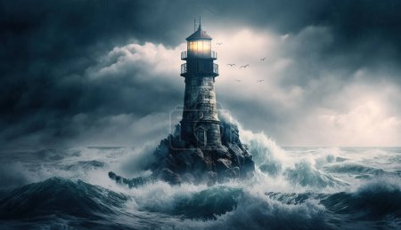 Téléchargez les photos : Mystérieux phare hanté dans un océan orageux sur une petite île rocheuse. - en image libre de droit