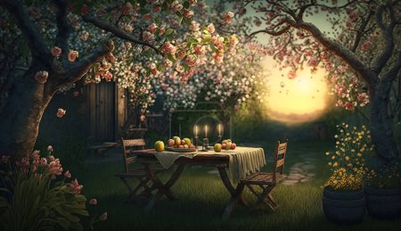 Téléchargez les photos : Jardin fleuri magique avec table et bougies au coucher du soleil. L'heure dorée. Œuvres numériques. - en image libre de droit