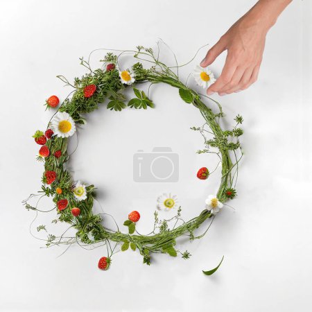 Téléchargez les photos : Main de femme et couronne de milieu de l'été faite de fleurs sauvages et fraise sauvage sur fond blanc. Fête du milieu de l'été. - en image libre de droit