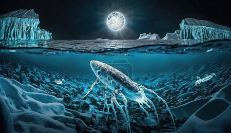 Foto de Una simple criatura crustácea nadando en el océano helado azul de un planeta alienígena. Ilustración digital de fantasía. - Imagen libre de derechos