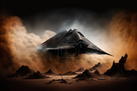 Téléchargez les photos : Navire spatial noir atterrissant sur une planète étrangère dans les nuages de poussière. Artisanat extraterrestre foncé. - en image libre de droit