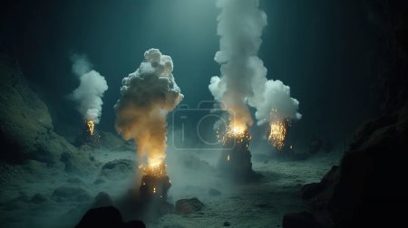 Téléchargez les photos : Des évents hydrothermaux au fond de l'océan d'une planète terrestre. Fumeurs noirs. Illustration numérique. - en image libre de droit
