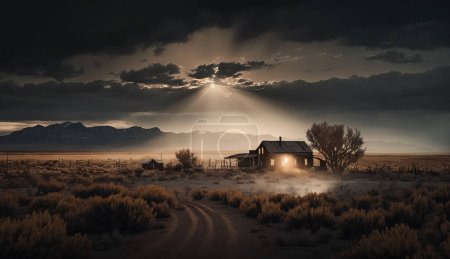 Haunted paranormal ranch and golden moonlight shining from the sky. Eerie abandoned farm house in a rural landscape.