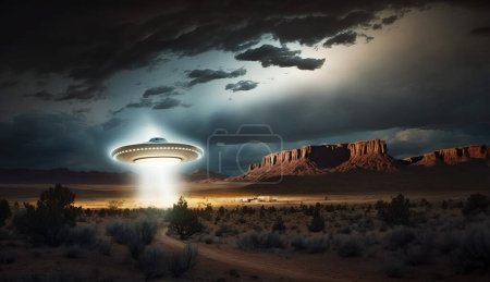 UFO shining mysterious light over desert and mountains at night. UAP, flying saucer, alien craft.