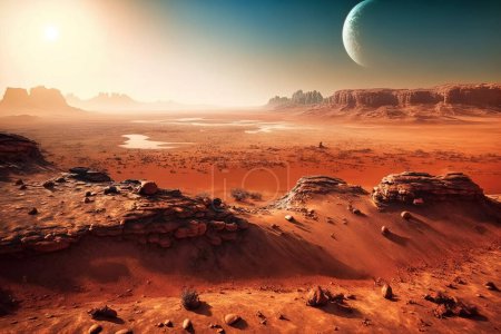 Roter Planet mit rostigen Dünen, hellem Sonnenlicht und einem Mond am Himmel. Außerirdische Landschaft. Digitale Illustration.