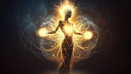 Foto de Ser energético mágico de luz con aura dorada. Criatura femenina iluminada. - Imagen libre de derechos