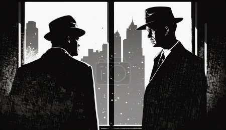 Zwei Männer in Schwarz warten und spionieren in der Nähe eines Fensters in der Stadt. Geheimagenten, Ermittlungen, Verschwörung.
