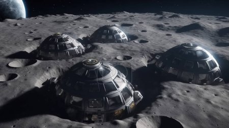 Foto de Bases lunares en forma de cúpula en la superficie de la Luna o planeta alienígena. Exploración espacial. La ilustración digital. - Imagen libre de derechos