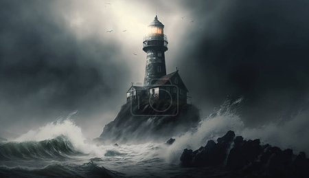 Vieux phare hanté dans un océan orageux sur une petite île rocheuse.
