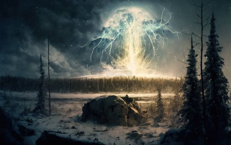 Mysteriöses ungeklärtes Tunguska-Ereignis in der Taiga, Fantasie-Illustration. Ein Meteor oder ein gescheitertes Elektrizitätsexperiment von Tesla?