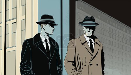 Téléchargez les photos : Deux mystérieux agents secrets dans Fedora chapeaux espionnage dans la ville. Enquête, secret. - en image libre de droit