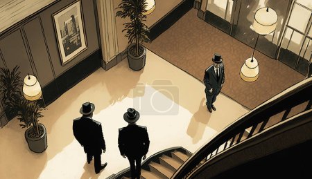 Téléchargez les photos : Deux hommes noirs en mission, parlant dans le hall vide de l'hôtel. Agents secrets, détectives privés. - en image libre de droit