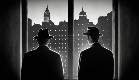 Téléchargez les photos : Deux hommes en espionnage noir près de la fenêtre dans une grande ville. Agents secrets, détectives privés, enquêteurs. - en image libre de droit