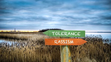 Photo for Street Sign the Direction Way to Tolerance versus Rassism - Royalty Free Image