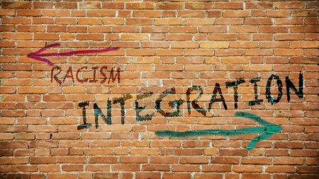 Photo for Street Sign the Direction Way to Integration versus Racism - Royalty Free Image