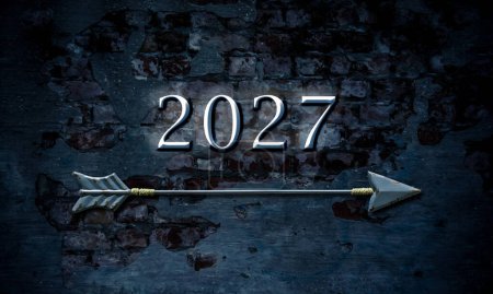 Téléchargez les photos : Image d'un panneau indiquant la direction de l'année 2027 - en image libre de droit