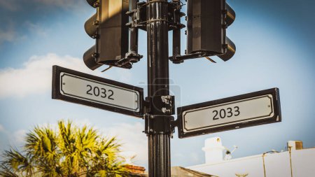 Photo for An image with a signpost pointing in two different directions in German. One direction points to 2033 the other points to 2032 - Royalty Free Image