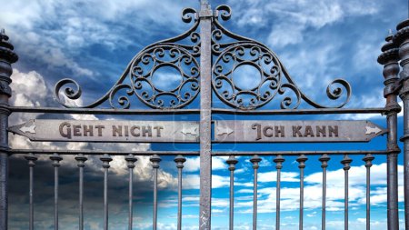 Photo for An image with a signpost pointing in two different directions in German. One direction points to I can, the other points to resignation. - Royalty Free Image
