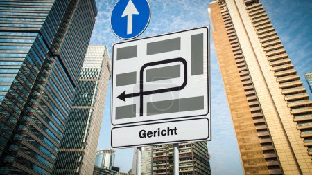 Téléchargez les photos : L'image montre un panneau indicateur et un signe qui pointe en direction de la cour en allemand. - en image libre de droit