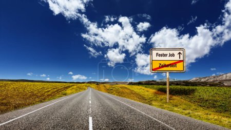 Photo for An image with a signpost pointing in two different directions in German. One direction points to permanent job, the other points to temporary work. - Royalty Free Image