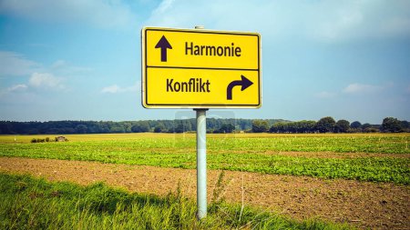 An image with a signpost pointing in two different directions in German. One direction points to harmony, the other points to conflict.