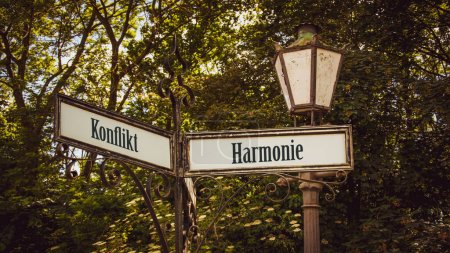 An image with a signpost pointing in two different directions in German. One direction points to harmony, the other points to conflict.