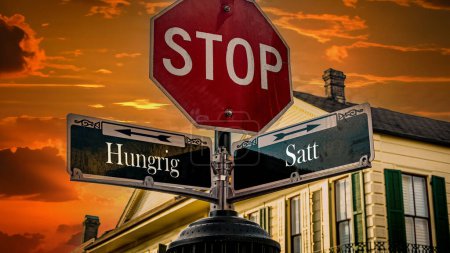 Photo for An image with a signpost pointing in two different directions in German. One direction points to full, the other points to hungry. - Royalty Free Image