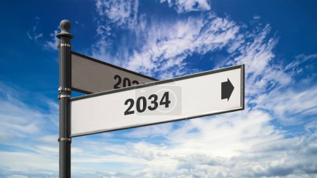 An image with a signpost pointing in two different directions in German. One direction points to 2033 the other points to 2034